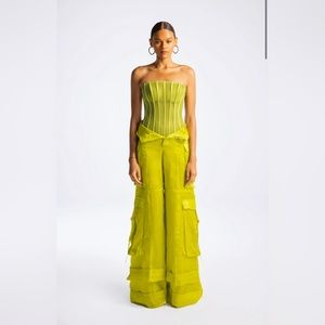 Chartreuse Green High Waist Silk Cargo Pants